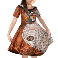 Fiji Australia Rugby Family Matching Off Shoulder Long Sleeve Dress and Hawaiian Shirt Kangaroo and Palm Tree Orange Tapa Pattern Mix Aboriginal LT03 Daughter's Dress Orange - Polynesian Pride