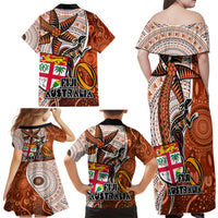 Fiji Australia Rugby Family Matching Off Shoulder Long Sleeve Dress and Hawaiian Shirt Kangaroo and Palm Tree Orange Tapa Pattern Mix Aboriginal LT03 - Polynesian Pride