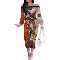 Fiji Australia Rugby Family Matching Off Shoulder Long Sleeve Dress and Hawaiian Shirt Kangaroo and Palm Tree Orange Tapa Pattern Mix Aboriginal LT03 Mom's Dress Orange - Polynesian Pride