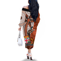 Fiji Australia Rugby Family Matching Off Shoulder Long Sleeve Dress and Hawaiian Shirt Kangaroo and Palm Tree Orange Tapa Pattern Mix Aboriginal LT03 - Polynesian Pride