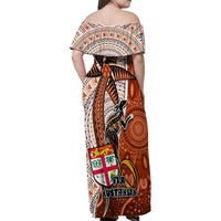 Fiji Australia Rugby Family Matching Off Shoulder Maxi Dress and Hawaiian Shirt Kangaroo and Palm Tree Orange Tapa Pattern Mix Aboriginal LT03 - Polynesian Pride