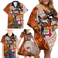Fiji Australia Rugby Family Matching Off Shoulder Short Dress and Hawaiian Shirt Kangaroo and Palm Tree Orange Tapa Pattern Mix Aboriginal LT03 - Polynesian Pride