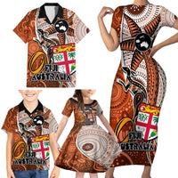 Fiji Australia Rugby Family Matching Short Sleeve Bodycon Dress and Hawaiian Shirt Kangaroo and Palm Tree Orange Tapa Pattern Mix Aboriginal LT03 - Polynesian Pride