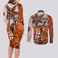 Personalised Fiji Australia Rugby Couples Matching Long Sleeve Bodycon Dress and Long Sleeve Button Shirts Kangaroo and Palm Tree Orange Tapa Pattern Mix Aboriginal LT03 - Polynesian Pride