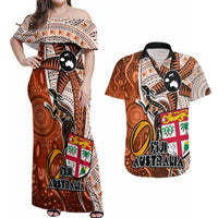 Personalised Fiji Australia Rugby Couples Matching Off Shoulder Maxi Dress and Hawaiian Shirt Kangaroo and Palm Tree Orange Tapa Pattern Mix Aboriginal LT03 Orange - Polynesian Pride