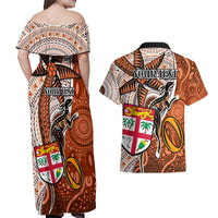 Personalised Fiji Australia Rugby Couples Matching Off Shoulder Maxi Dress and Hawaiian Shirt Kangaroo and Palm Tree Orange Tapa Pattern Mix Aboriginal LT03 - Polynesian Pride