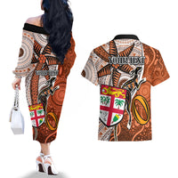 Personalised Fiji Australia Rugby Couples Matching Off The Shoulder Long Sleeve Dress and Hawaiian Shirt Kangaroo and Palm Tree Orange Tapa Pattern Mix Aboriginal LT03 - Polynesian Pride