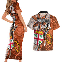 Personalised Fiji Australia Rugby Couples Matching Short Sleeve Bodycon Dress and Hawaiian Shirt Kangaroo and Palm Tree Orange Tapa Pattern Mix Aboriginal LT03 - Polynesian Pride