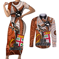 Personalised Fiji Australia Rugby Couples Matching Short Sleeve Bodycon Dress and Long Sleeve Button Shirts Kangaroo and Palm Tree Orange Tapa Pattern Mix Aboriginal LT03 Orange - Polynesian Pride