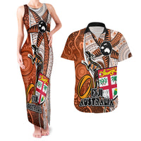 Personalised Fiji Australia Rugby Couples Matching Tank Maxi Dress and Hawaiian Shirt Kangaroo and Palm Tree Orange Tapa Pattern Mix Aboriginal LT03 Orange - Polynesian Pride