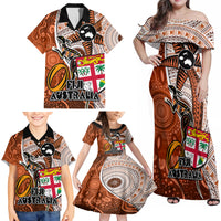 Personalised Fiji Australia Rugby Family Matching Off Shoulder Maxi Dress and Hawaiian Shirt Kangaroo and Palm Tree Orange Tapa Pattern Mix Aboriginal LT03 - Polynesian Pride