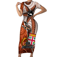 Personalised Fiji Australia Rugby Family Matching Short Sleeve Bodycon Dress and Hawaiian Shirt Kangaroo and Palm Tree Orange Tapa Pattern Mix Aboriginal LT03 Mom's Dress Orange - Polynesian Pride
