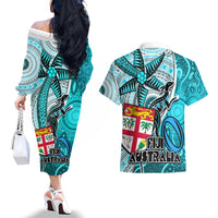 Fiji Australia Rugby Couples Matching Off The Shoulder Long Sleeve Dress and Hawaiian Shirt Kangaroo and Palm Tree Blue Tapa Pattern Mix Aboriginal LT03 - Polynesian Pride