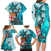 Fiji Australia Rugby Family Matching Long Sleeve Bodycon Dress and Hawaiian Shirt Kangaroo and Palm Tree Blue Tapa Pattern Mix Aboriginal LT03 - Polynesian Pride