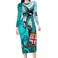 Fiji Australia Rugby Family Matching Long Sleeve Bodycon Dress and Hawaiian Shirt Kangaroo and Palm Tree Blue Tapa Pattern Mix Aboriginal LT03 Mom's Dress Blue - Polynesian Pride