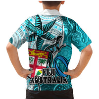 Fiji Australia Rugby Family Matching Mermaid Dress and Hawaiian Shirt Kangaroo and Palm Tree Blue Tapa Pattern Mix Aboriginal LT03 - Polynesian Pride