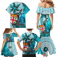 Fiji Australia Rugby Family Matching Mermaid Dress and Hawaiian Shirt Kangaroo and Palm Tree Blue Tapa Pattern Mix Aboriginal LT03 - Polynesian Pride