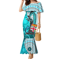 Fiji Australia Rugby Family Matching Mermaid Dress and Hawaiian Shirt Kangaroo and Palm Tree Blue Tapa Pattern Mix Aboriginal LT03 Mom's Dress Blue - Polynesian Pride