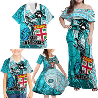 Fiji Australia Rugby Family Matching Off Shoulder Maxi Dress and Hawaiian Shirt Kangaroo and Palm Tree Blue Tapa Pattern Mix Aboriginal LT03 - Polynesian Pride