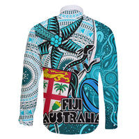 Fiji Australia Rugby Family Matching Off Shoulder Short Dress and Hawaiian Shirt Kangaroo and Palm Tree Blue Tapa Pattern Mix Aboriginal LT03 - Polynesian Pride