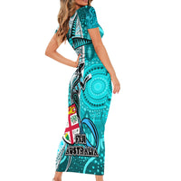 Fiji Australia Rugby Family Matching Short Sleeve Bodycon Dress and Hawaiian Shirt Kangaroo and Palm Tree Blue Tapa Pattern Mix Aboriginal LT03 - Polynesian Pride