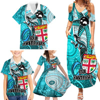 Fiji Australia Rugby Family Matching Summer Maxi Dress and Hawaiian Shirt Kangaroo and Palm Tree Blue Tapa Pattern Mix Aboriginal LT03 - Polynesian Pride