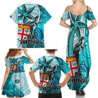 Fiji Australia Rugby Family Matching Summer Maxi Dress and Hawaiian Shirt Kangaroo and Palm Tree Blue Tapa Pattern Mix Aboriginal LT03 - Polynesian Pride