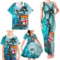 Fiji Australia Rugby Family Matching Tank Maxi Dress and Hawaiian Shirt Kangaroo and Palm Tree Blue Tapa Pattern Mix Aboriginal LT03 - Polynesian Pride