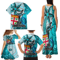Fiji Australia Rugby Family Matching Tank Maxi Dress and Hawaiian Shirt Kangaroo and Palm Tree Blue Tapa Pattern Mix Aboriginal LT03 - Polynesian Pride