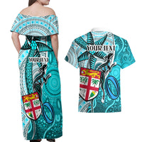 Personalised Fiji Australia Rugby Couples Matching Off Shoulder Maxi Dress and Hawaiian Shirt Kangaroo and Palm Tree Blue Tapa Pattern Mix Aboriginal LT03 - Polynesian Pride
