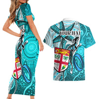 Personalised Fiji Australia Rugby Couples Matching Short Sleeve Bodycon Dress and Hawaiian Shirt Kangaroo and Palm Tree Blue Tapa Pattern Mix Aboriginal LT03 - Polynesian Pride