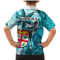 Personalised Fiji Australia Rugby Family Matching Mermaid Dress and Hawaiian Shirt Kangaroo and Palm Tree Blue Tapa Pattern Mix Aboriginal LT03 - Polynesian Pride
