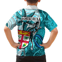 Personalised Fiji Australia Rugby Family Matching Short Sleeve Bodycon Dress and Hawaiian Shirt Kangaroo and Palm Tree Blue Tapa Pattern Mix Aboriginal LT03 - Polynesian Pride