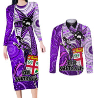 Fiji Australia Rugby Couples Matching Long Sleeve Bodycon Dress and Long Sleeve Button Shirts Kangaroo and Palm Tree Purple Tapa Pattern Mix Aboriginal LT03 Purple - Polynesian Pride
