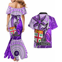Fiji Australia Rugby Couples Matching Mermaid Dress and Hawaiian Shirt Kangaroo and Palm Tree Purple Tapa Pattern Mix Aboriginal LT03 - Polynesian Pride
