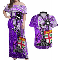 Fiji Australia Rugby Couples Matching Off Shoulder Maxi Dress and Hawaiian Shirt Kangaroo and Palm Tree Purple Tapa Pattern Mix Aboriginal LT03 Purple - Polynesian Pride