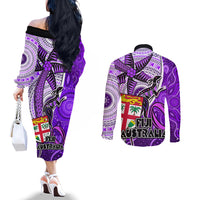 Fiji Australia Rugby Couples Matching Off The Shoulder Long Sleeve Dress and Long Sleeve Button Shirts Kangaroo and Palm Tree Purple Tapa Pattern Mix Aboriginal LT03 - Polynesian Pride
