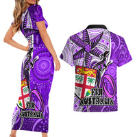 Fiji Australia Rugby Couples Matching Short Sleeve Bodycon Dress and Hawaiian Shirt Kangaroo and Palm Tree Purple Tapa Pattern Mix Aboriginal LT03 - Polynesian Pride