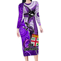 Fiji Australia Rugby Family Matching Long Sleeve Bodycon Dress and Hawaiian Shirt Kangaroo and Palm Tree Purple Tapa Pattern Mix Aboriginal LT03 Mom's Dress Purple - Polynesian Pride