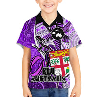 Fiji Australia Rugby Family Matching Long Sleeve Bodycon Dress and Hawaiian Shirt Kangaroo and Palm Tree Purple Tapa Pattern Mix Aboriginal LT03 Son's Shirt Purple - Polynesian Pride