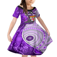 Fiji Australia Rugby Family Matching Mermaid Dress and Hawaiian Shirt Kangaroo and Palm Tree Purple Tapa Pattern Mix Aboriginal LT03 Daughter's Dress Purple - Polynesian Pride