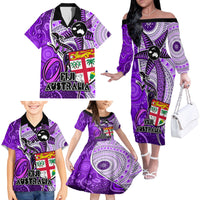 Fiji Australia Rugby Family Matching Off Shoulder Long Sleeve Dress and Hawaiian Shirt Kangaroo and Palm Tree Purple Tapa Pattern Mix Aboriginal LT03 - Polynesian Pride