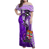 Fiji Australia Rugby Family Matching Off Shoulder Maxi Dress and Hawaiian Shirt Kangaroo and Palm Tree Purple Tapa Pattern Mix Aboriginal LT03 Dad's Shirt - Long Sleeve Purple - Polynesian Pride