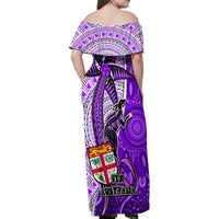 Fiji Australia Rugby Family Matching Off Shoulder Maxi Dress and Hawaiian Shirt Kangaroo and Palm Tree Purple Tapa Pattern Mix Aboriginal LT03 - Polynesian Pride