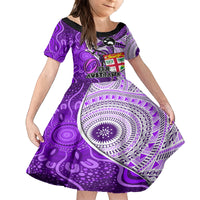 Fiji Australia Rugby Family Matching Off Shoulder Short Dress and Hawaiian Shirt Kangaroo and Palm Tree Purple Tapa Pattern Mix Aboriginal LT03 Daughter's Dress Purple - Polynesian Pride