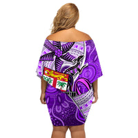 Fiji Australia Rugby Family Matching Off Shoulder Short Dress and Hawaiian Shirt Kangaroo and Palm Tree Purple Tapa Pattern Mix Aboriginal LT03 - Polynesian Pride