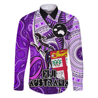 Fiji Australia Rugby Family Matching Short Sleeve Bodycon Dress and Hawaiian Shirt Kangaroo and Palm Tree Purple Tapa Pattern Mix Aboriginal LT03 Dad's Shirt - Long Sleeve Purple - Polynesian Pride
