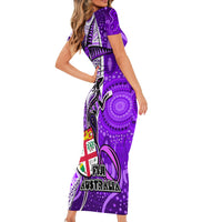 Fiji Australia Rugby Family Matching Short Sleeve Bodycon Dress and Hawaiian Shirt Kangaroo and Palm Tree Purple Tapa Pattern Mix Aboriginal LT03 - Polynesian Pride