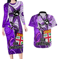 Personalised Fiji Australia Rugby Couples Matching Long Sleeve Bodycon Dress and Hawaiian Shirt Kangaroo and Palm Tree Purple Tapa Pattern Mix Aboriginal LT03 Purple - Polynesian Pride