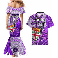 Personalised Fiji Australia Rugby Couples Matching Mermaid Dress and Hawaiian Shirt Kangaroo and Palm Tree Purple Tapa Pattern Mix Aboriginal LT03 - Polynesian Pride